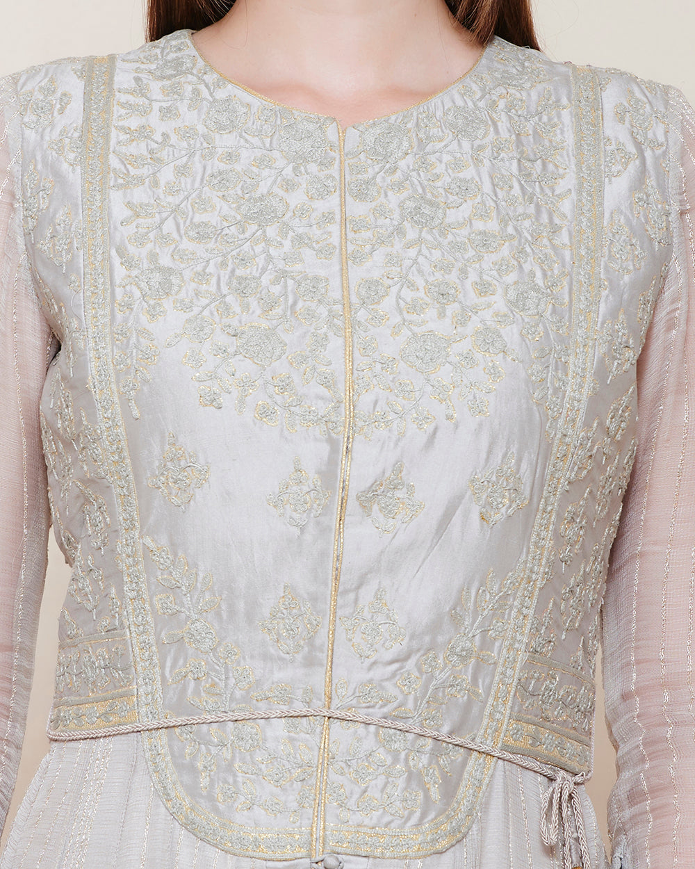 SILVER GREY STRIPED LONG YOKE ANARKALI KURTA