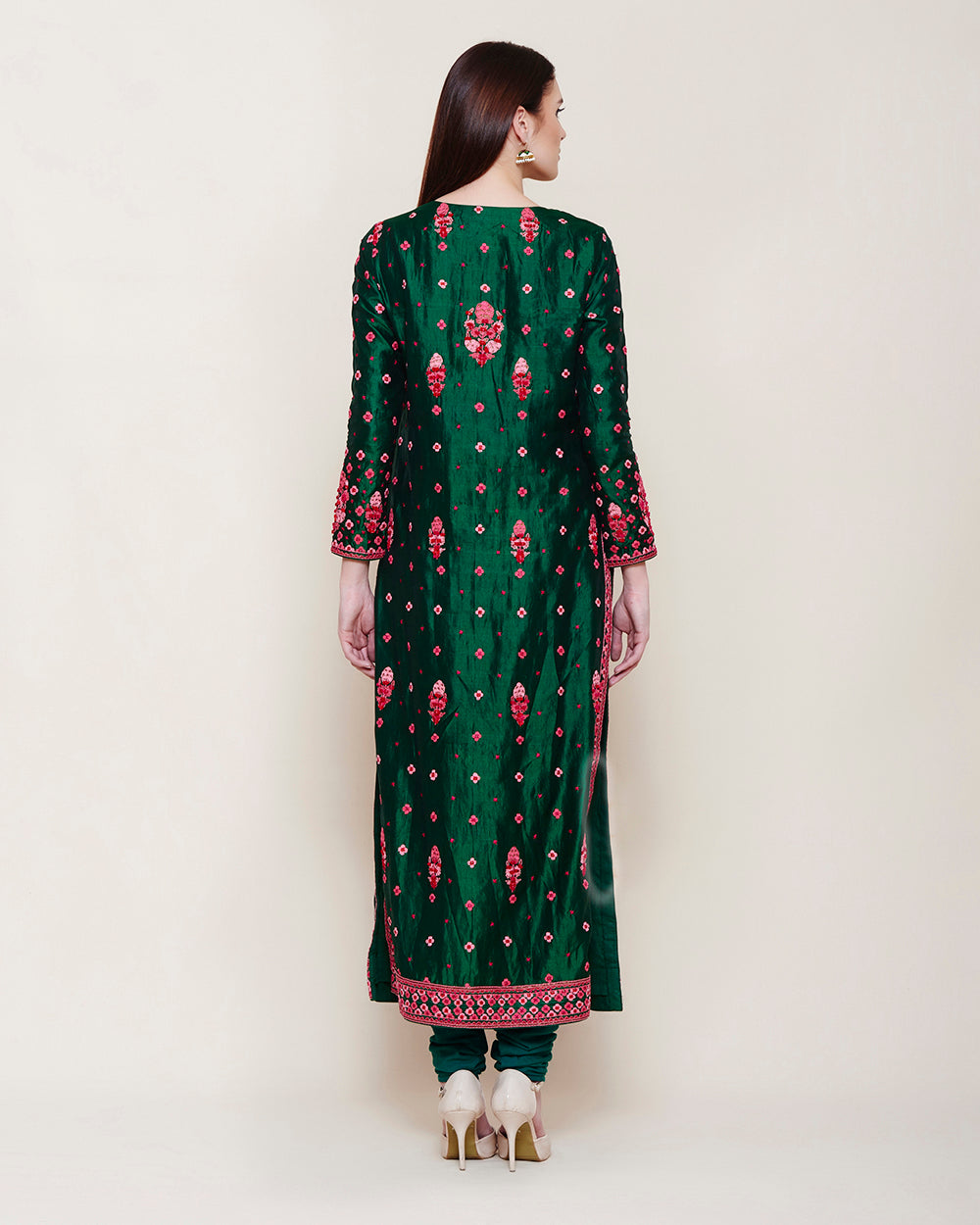 EMERALD GREEN PINK EMBROIDERED SILK KURTA SET