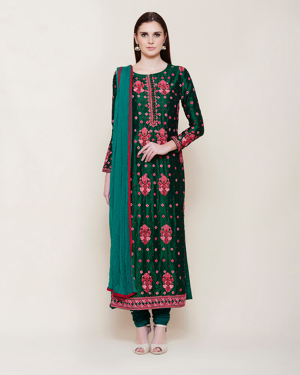 EMERALD GREEN PINK EMBROIDERED SILK KURTA SET