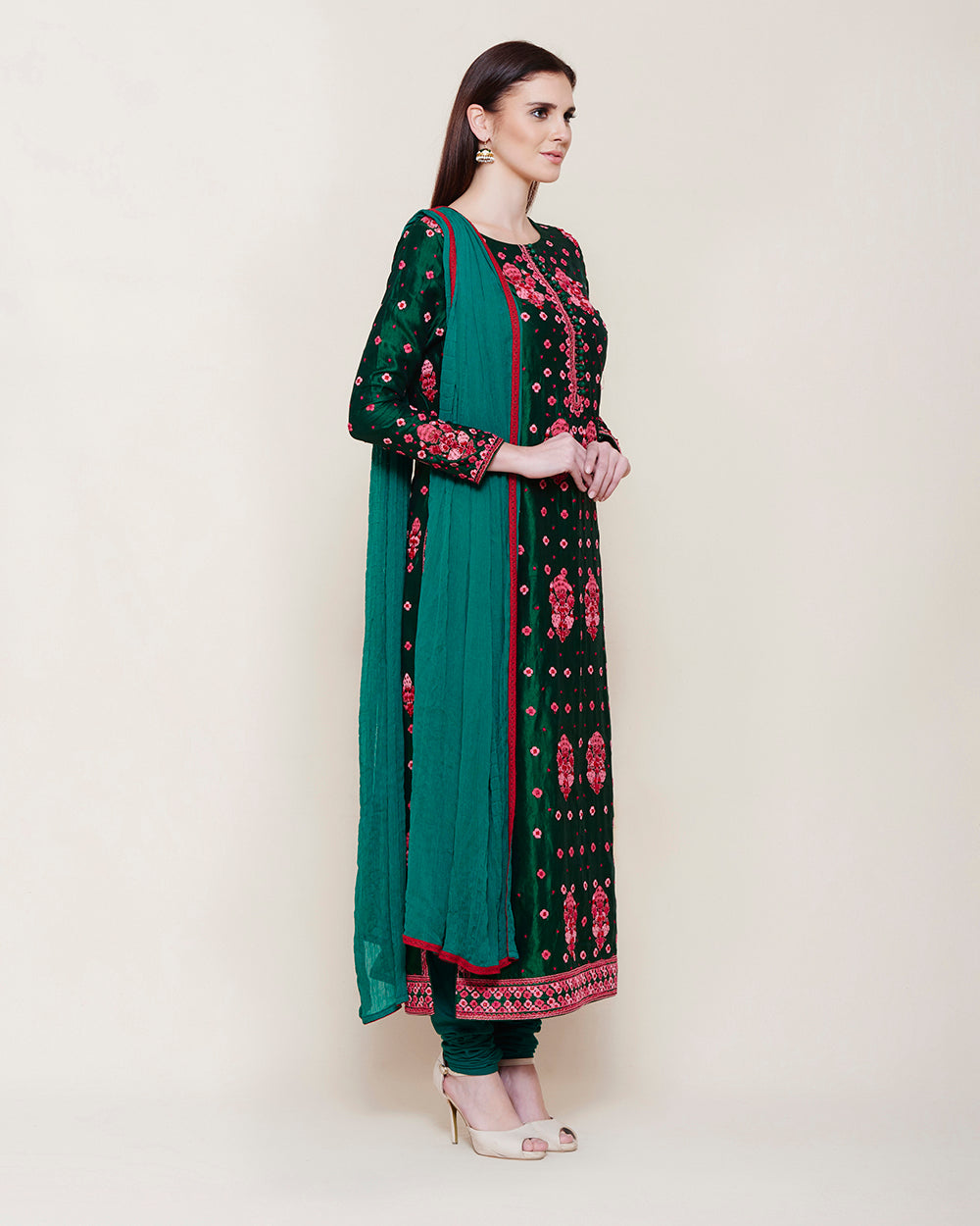 EMERALD GREEN PINK EMBROIDERED SILK KURTA SET