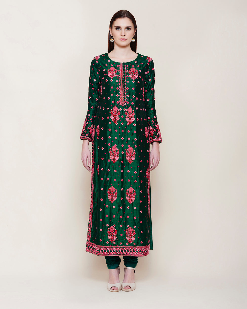 EMERALD GREEN PINK EMBROIDERED SILK KURTA SET