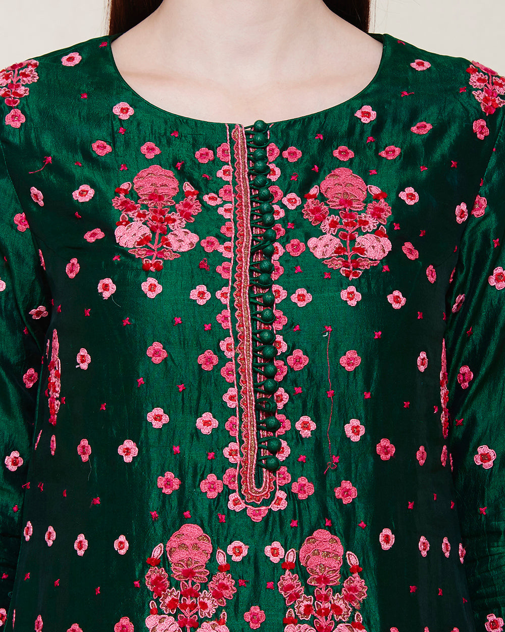 EMERALD GREEN PINK EMBROIDERED SILK KURTA SET
