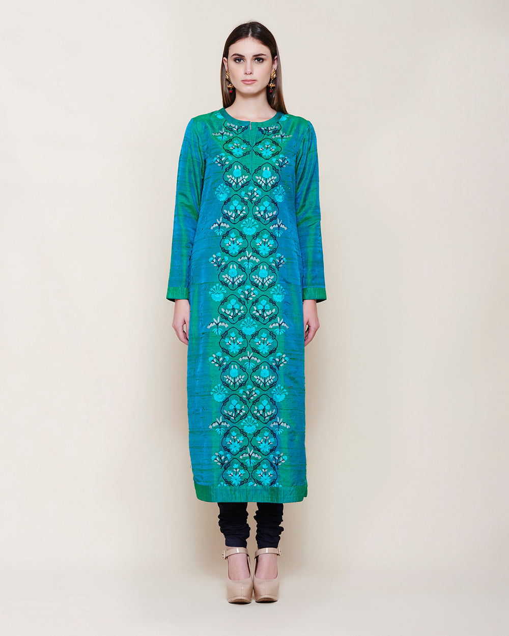 EMERALD GREEN BLUE EMBROIDERED SILK KURTA SET