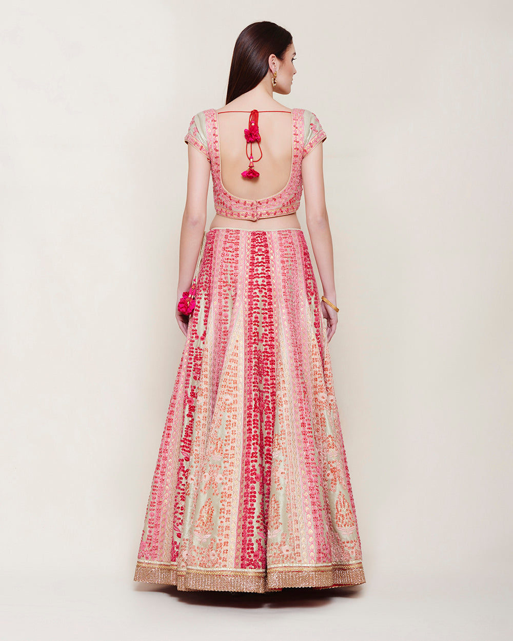 GOLD PINK THREAD VELVET EMBROIDERED LEHENGA
