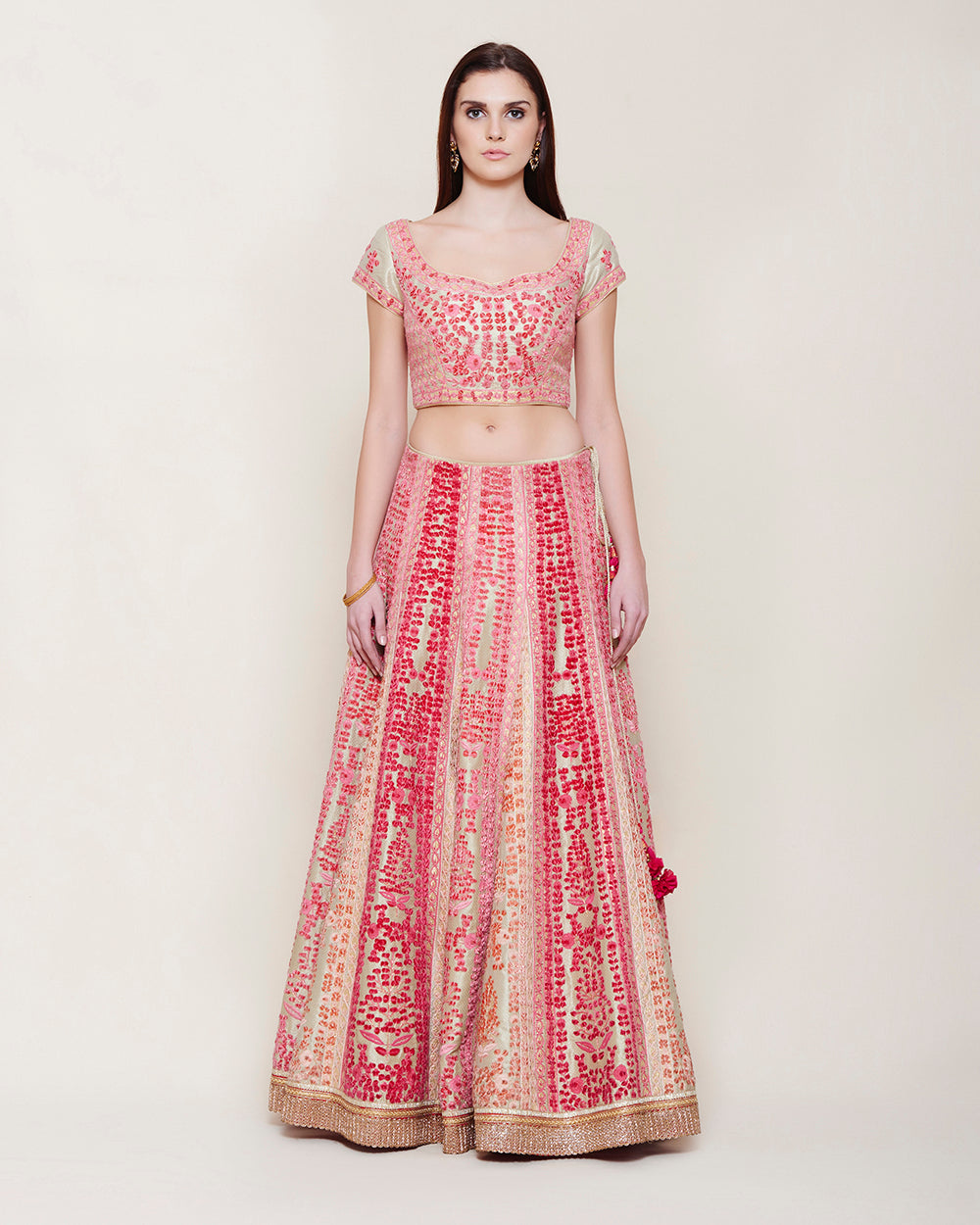 GOLD PINK THREAD VELVET EMBROIDERED LEHENGA