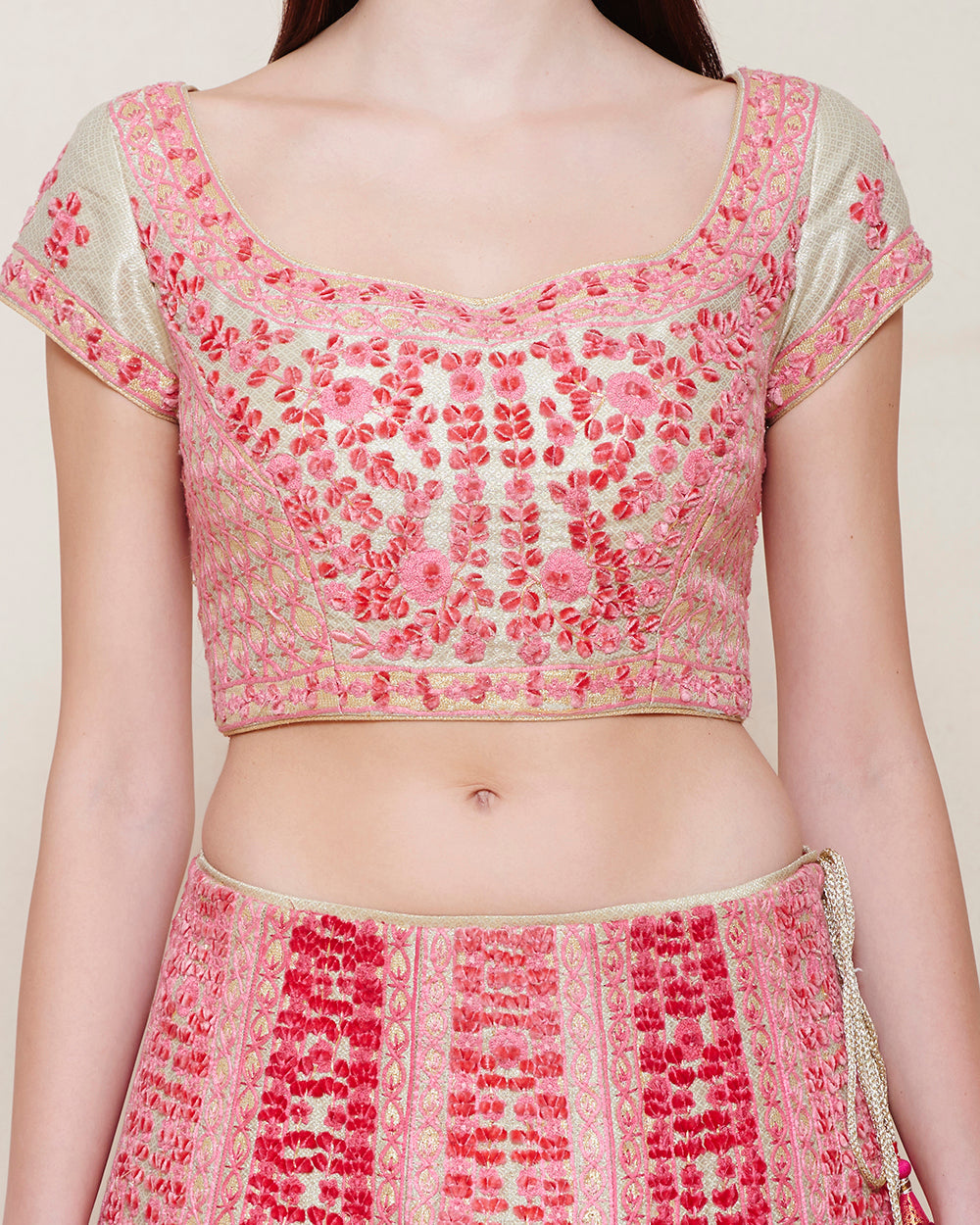 GOLD PINK THREAD VELVET EMBROIDERED LEHENGA