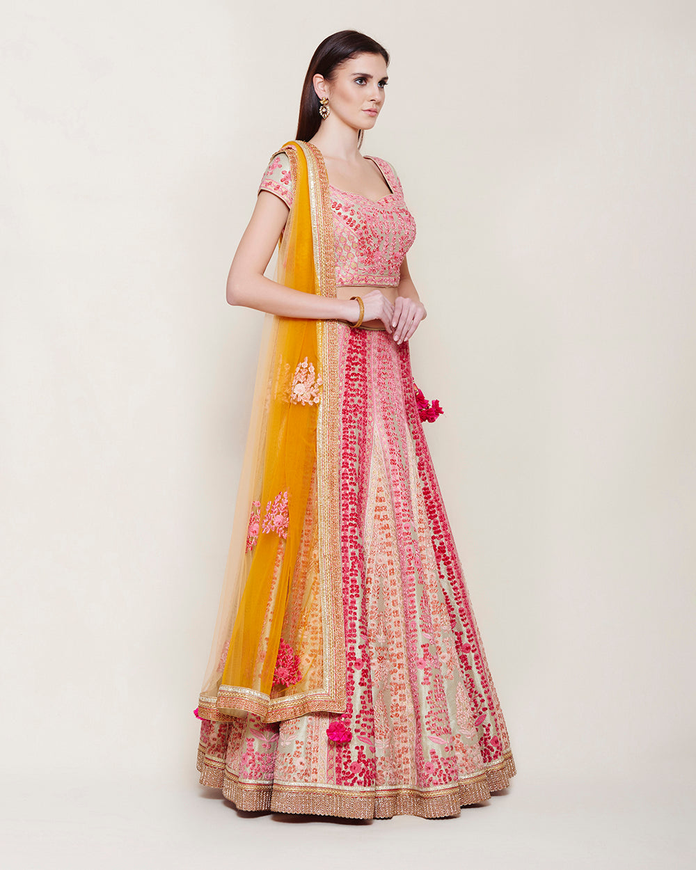 GOLD PINK THREAD VELVET EMBROIDERED LEHENGA