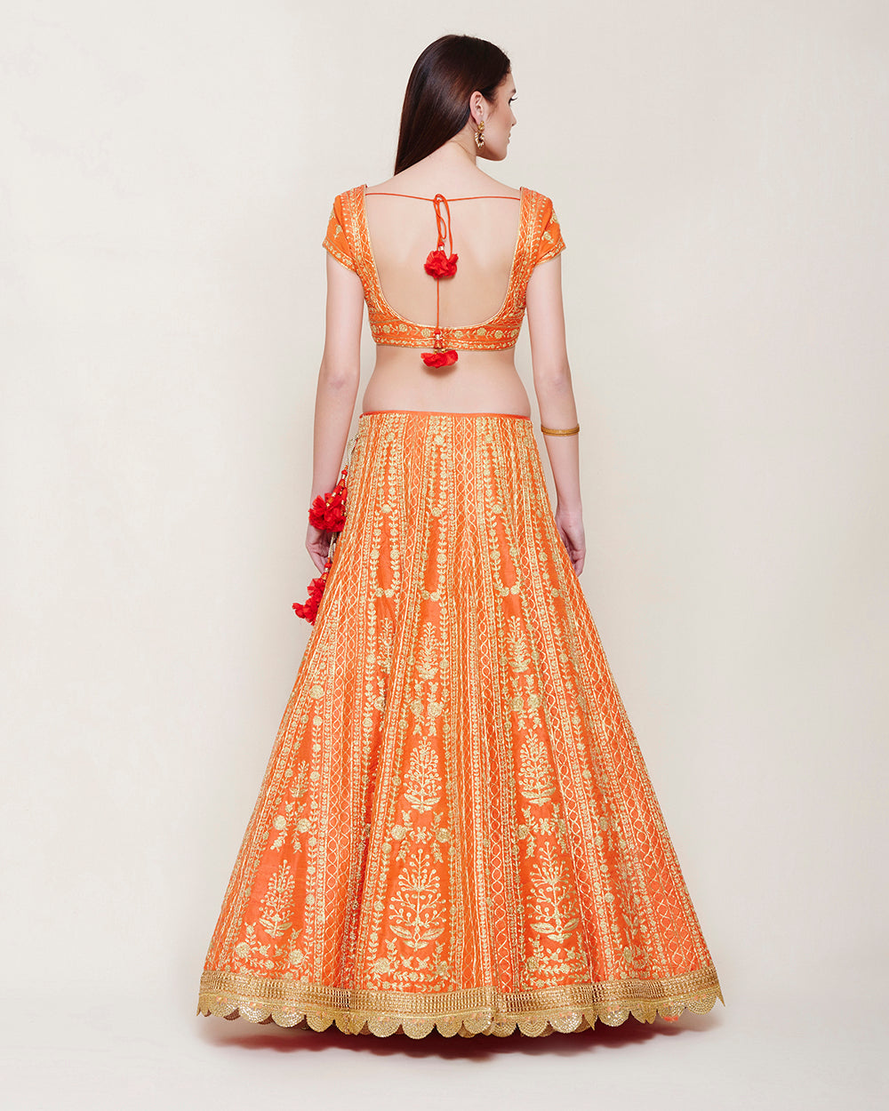EMERALD ORANGE GOLD DORI LEHENGA