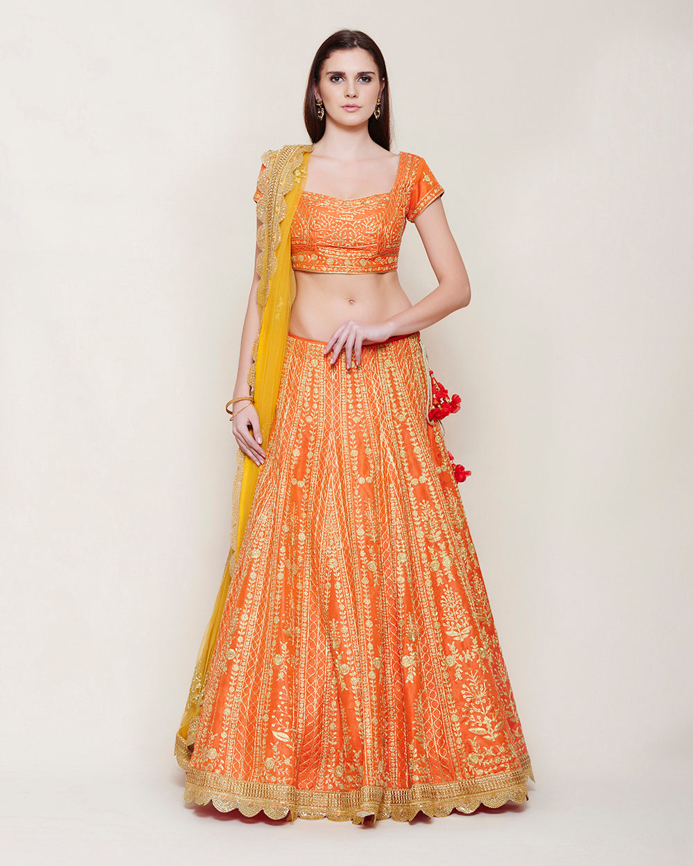 EMERALD ORANGE GOLD DORI LEHENGA