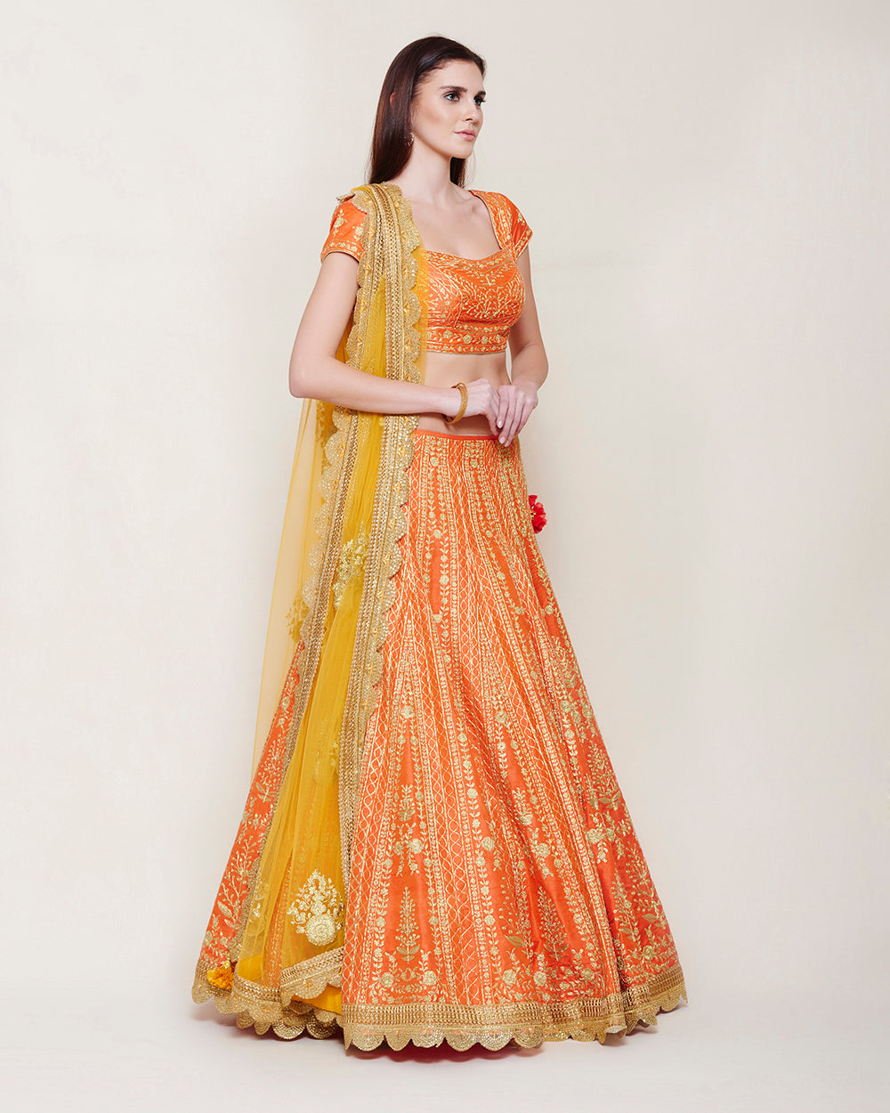 EMERALD ORANGE GOLD DORI LEHENGA