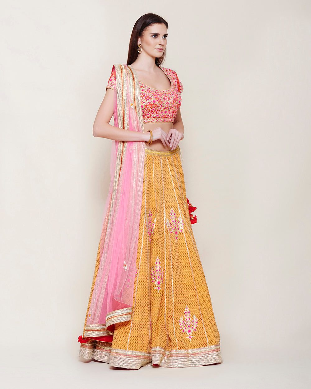 YELLOW BLOCK PRINTED RAW SILK LEHENGA