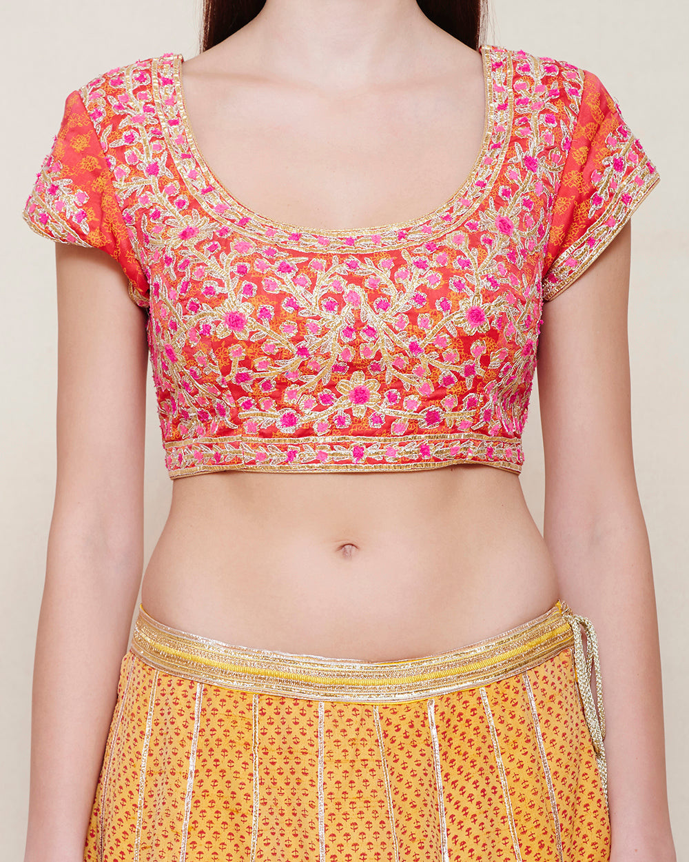 YELLOW BLOCK PRINTED RAW SILK LEHENGA