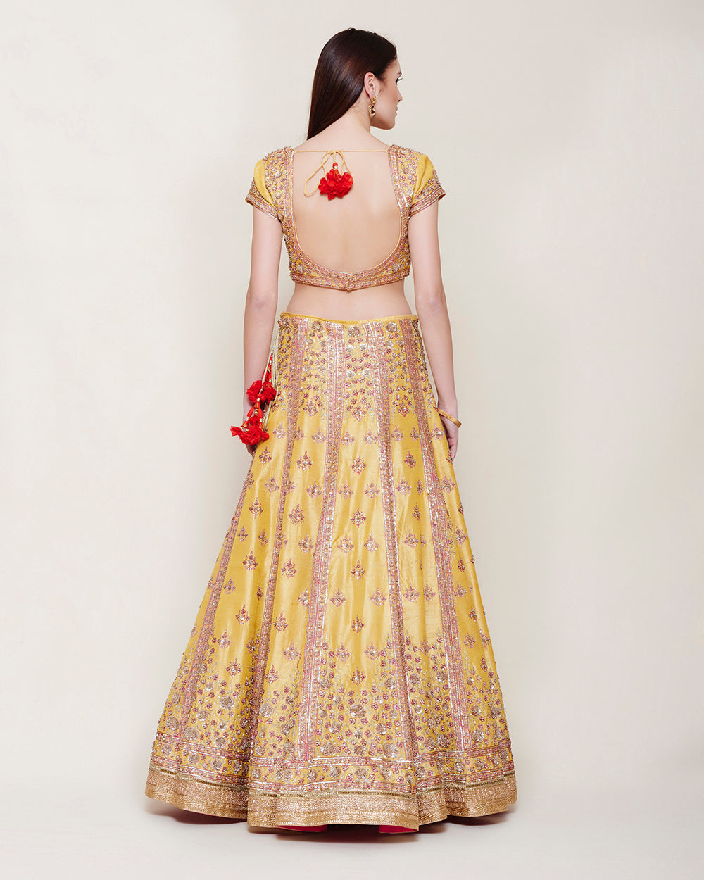 YELLOW PINK GOLD ZARDOZI LEHENGA
