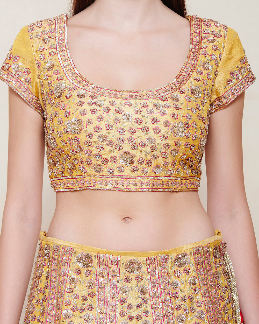 YELLOW PINK GOLD ZARDOZI LEHENGA