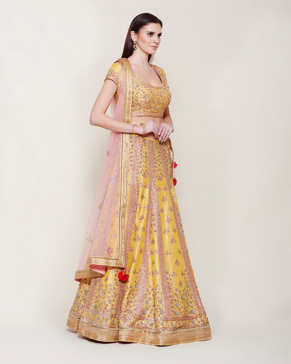 YELLOW PINK GOLD ZARDOZI LEHENGA