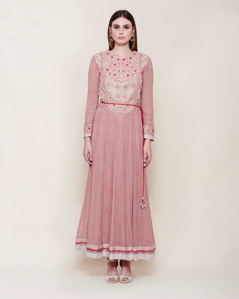 POWDER PINK RED LONG YOKE ANARKALI KURTA
