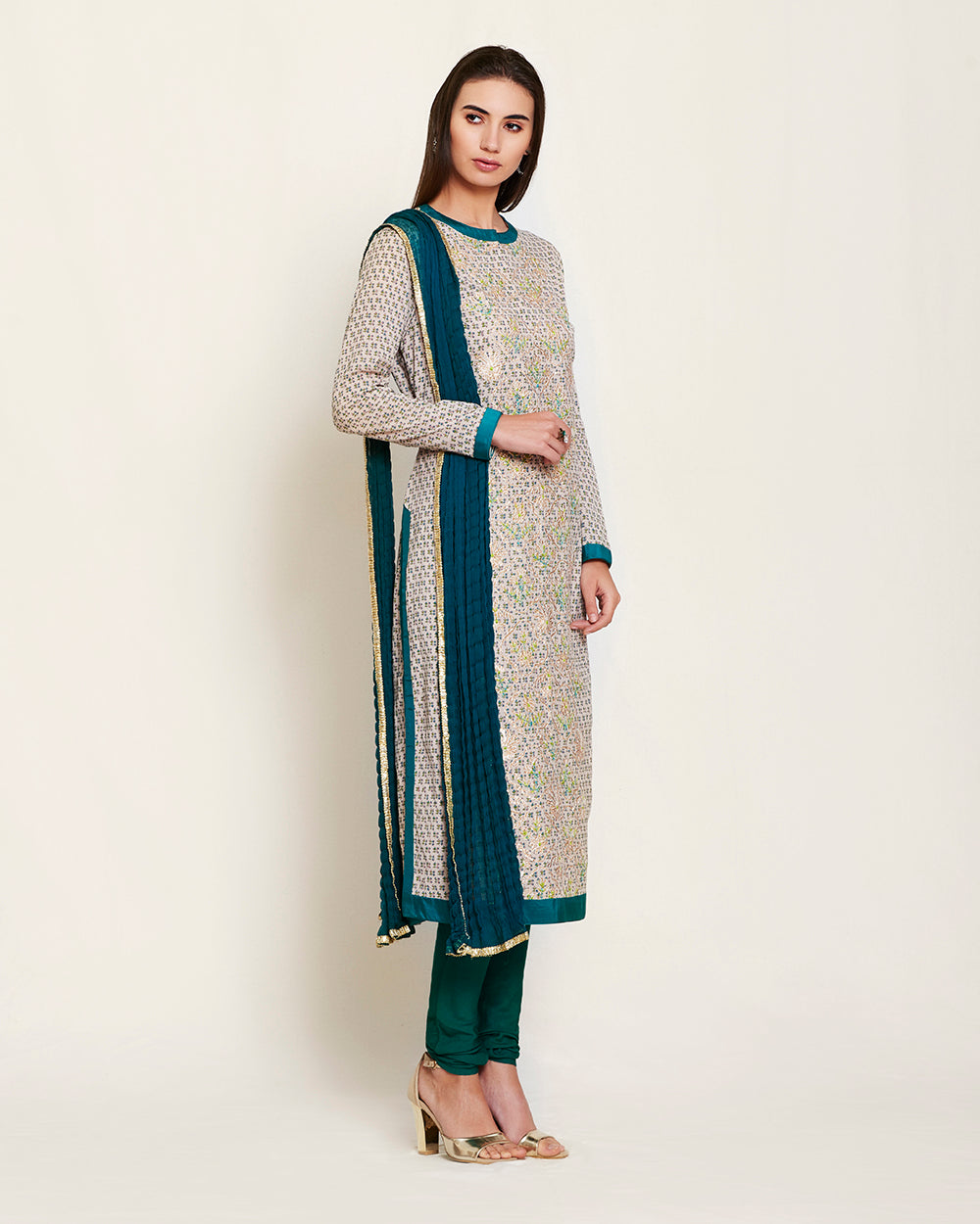 Neutral/teal kurta set