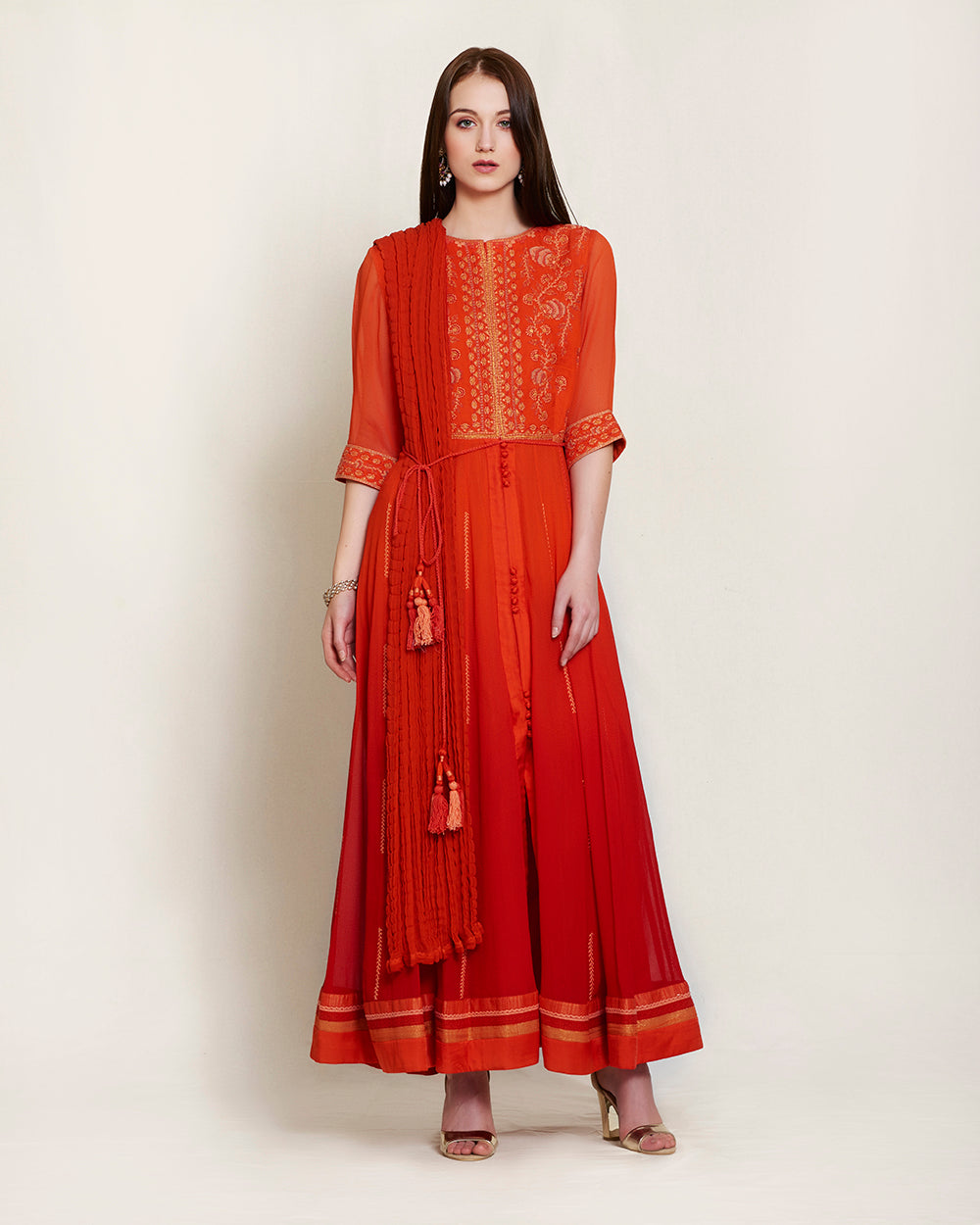 Brick red thread embroidered long kurta