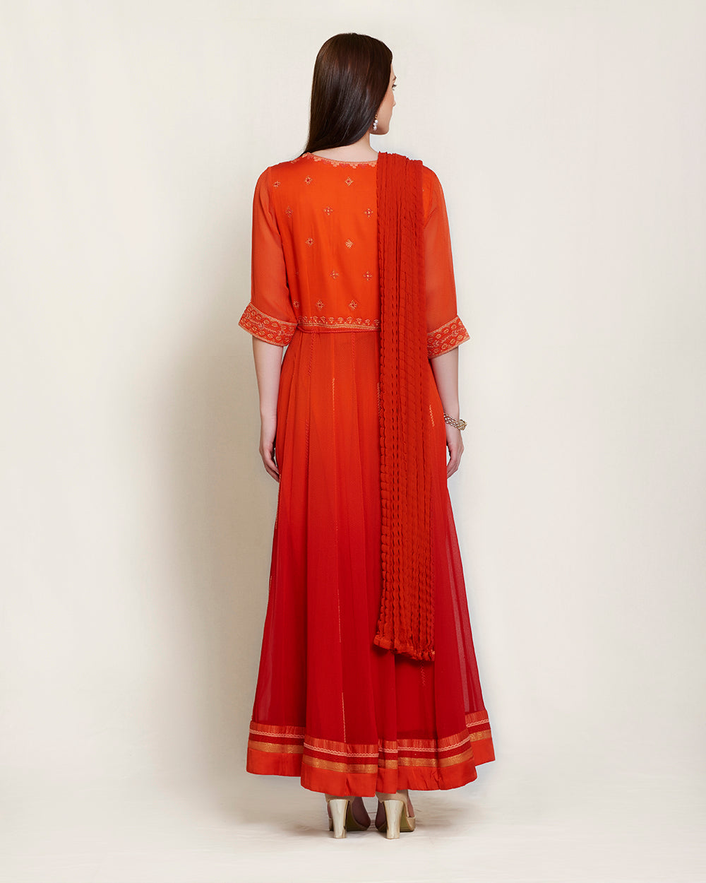 Brick red thread embroidered long kurta