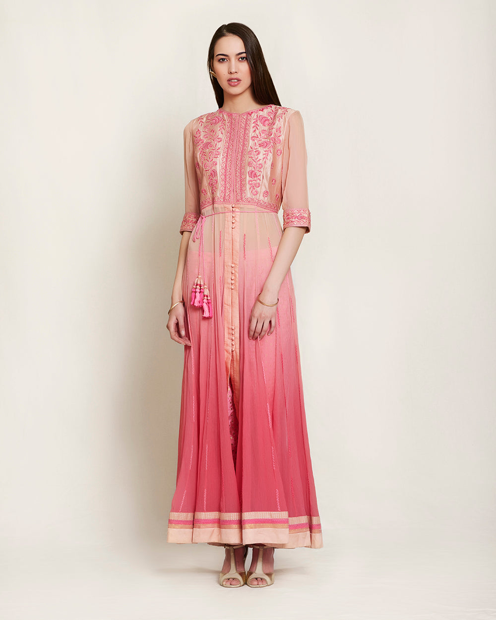 Shaded pink silk & chiffon thread work kurta with churidar