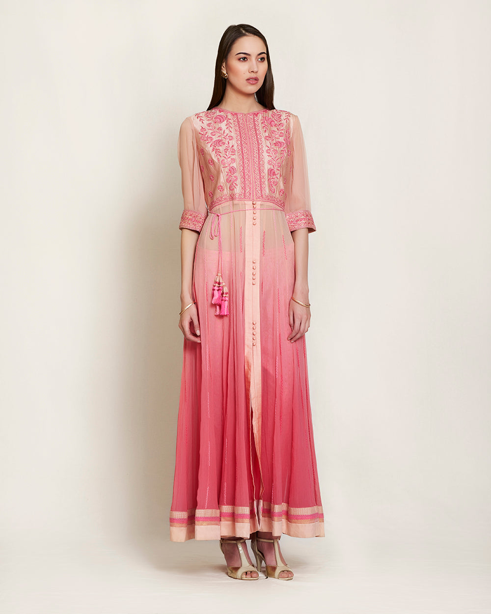 Shaded pink silk & chiffon thread work kurta with churidar