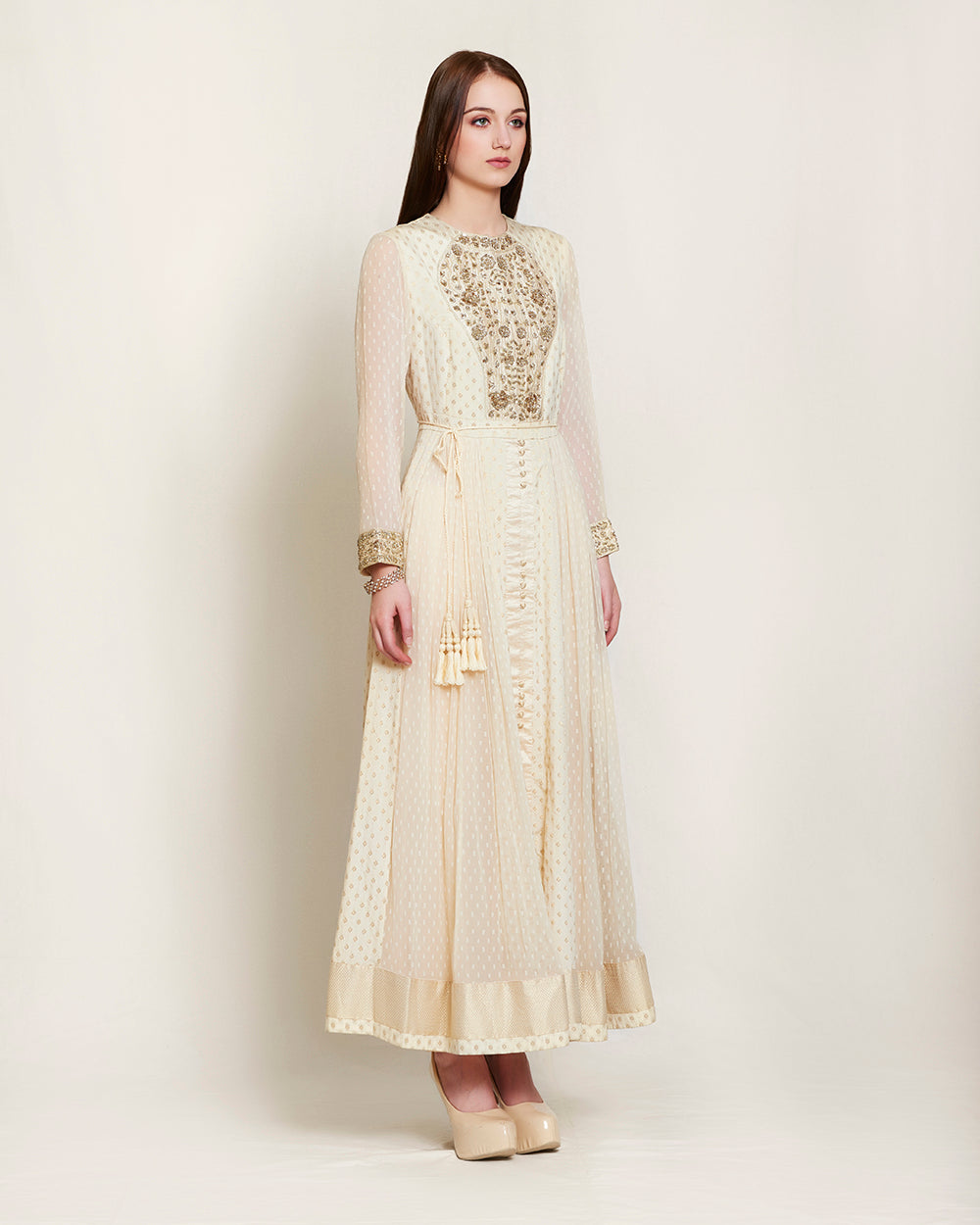 Off white zardozi long kurta set