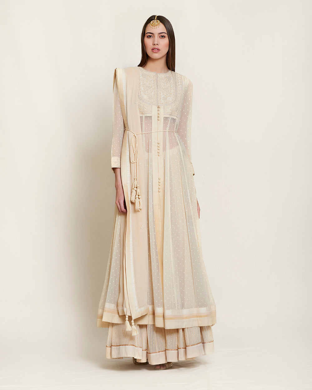 Beige silk, georgette and viscose thread work kurta with lehenga and dupatta