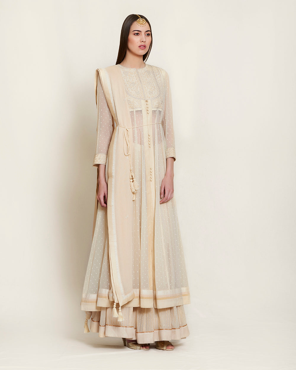 Beige silk, georgette and viscose thread work kurta with lehenga and dupatta
