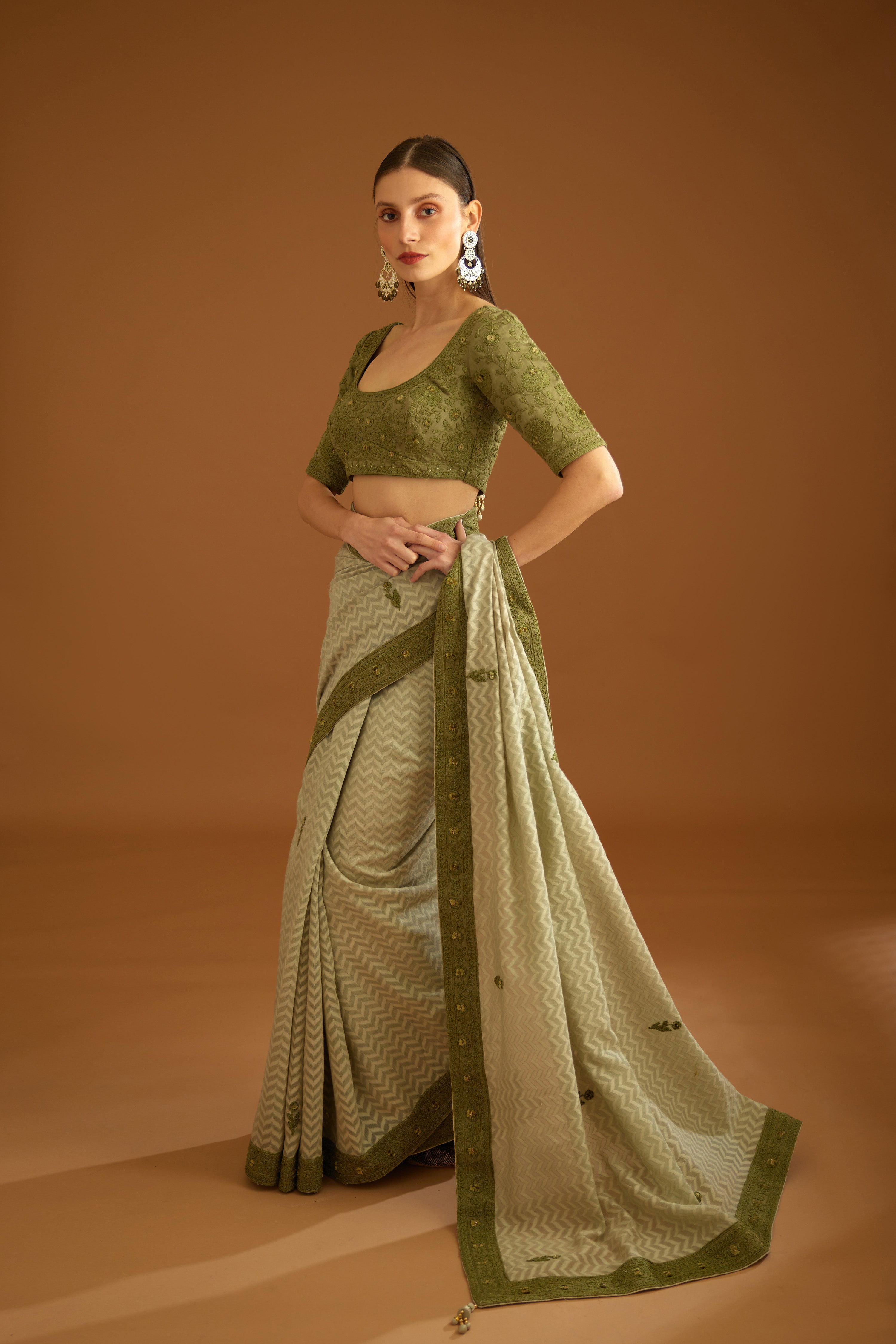 Smoke Green Saree Set