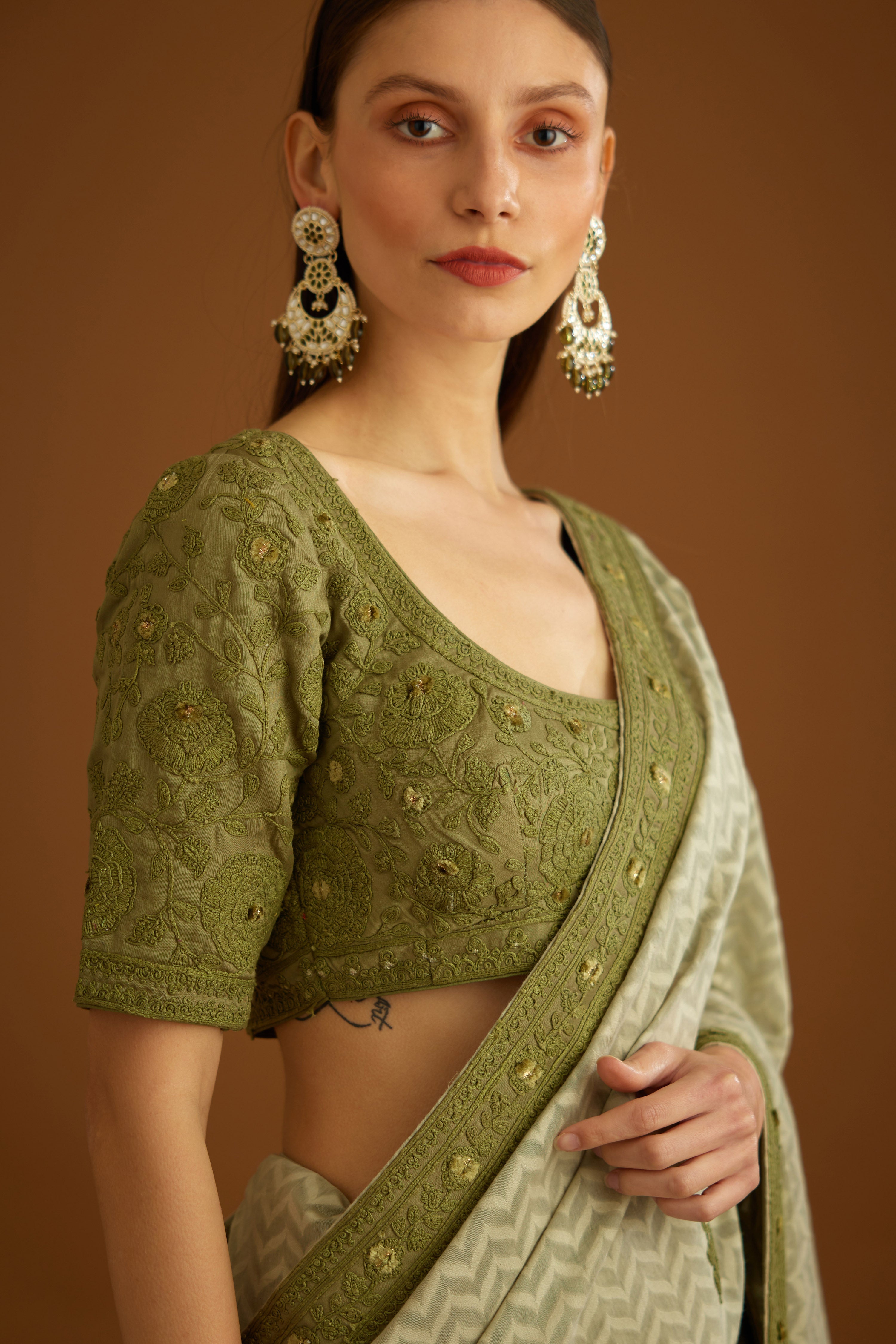 Smoke Green Saree Set