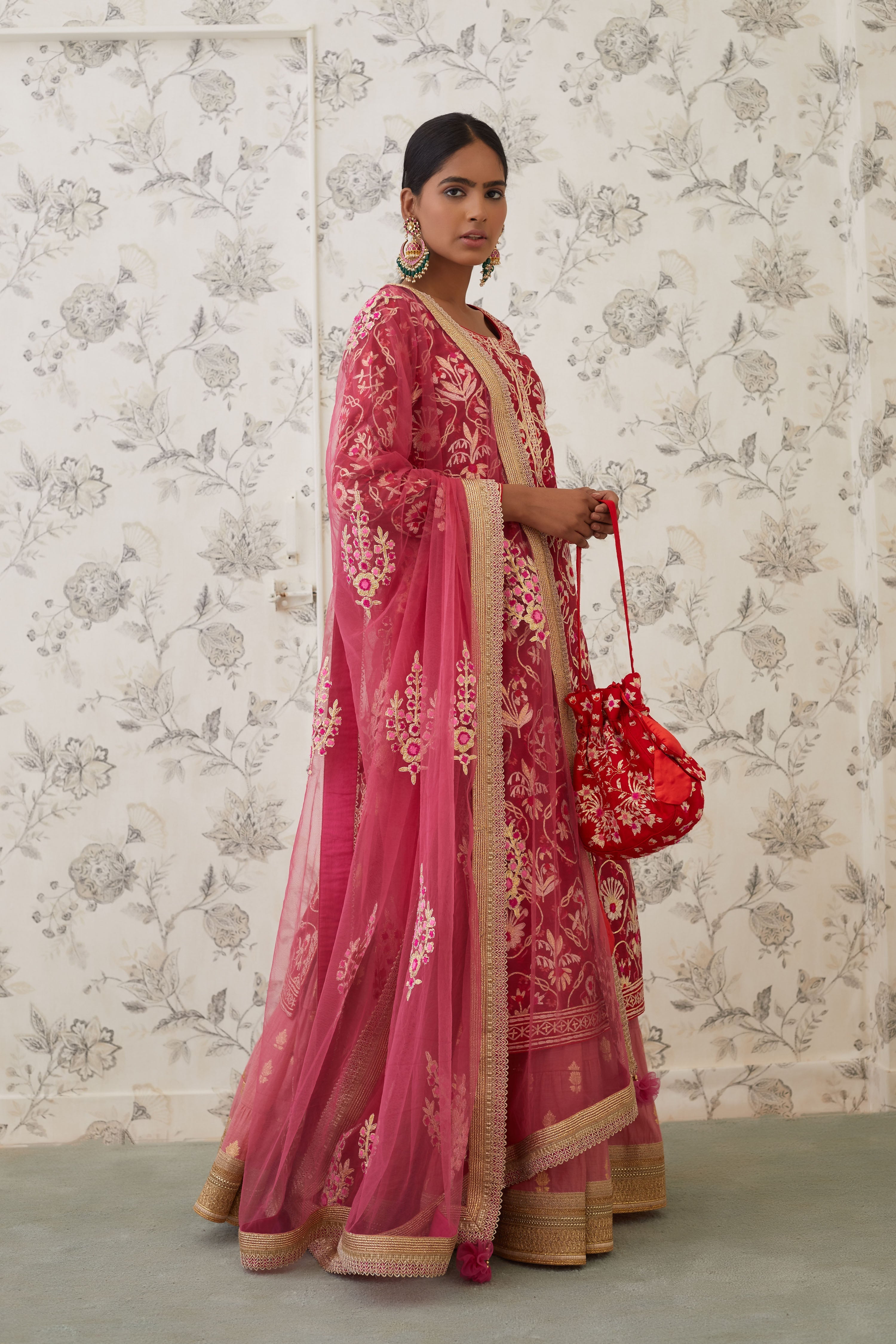 Maroon Coral Kurta Skirt Set