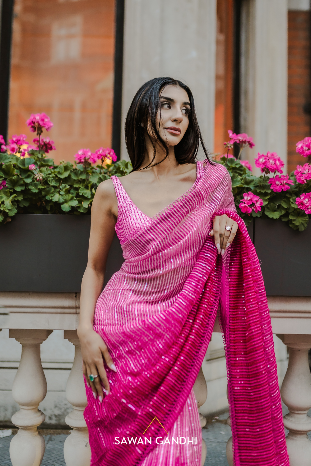Fuchsia pink ombré organza saree