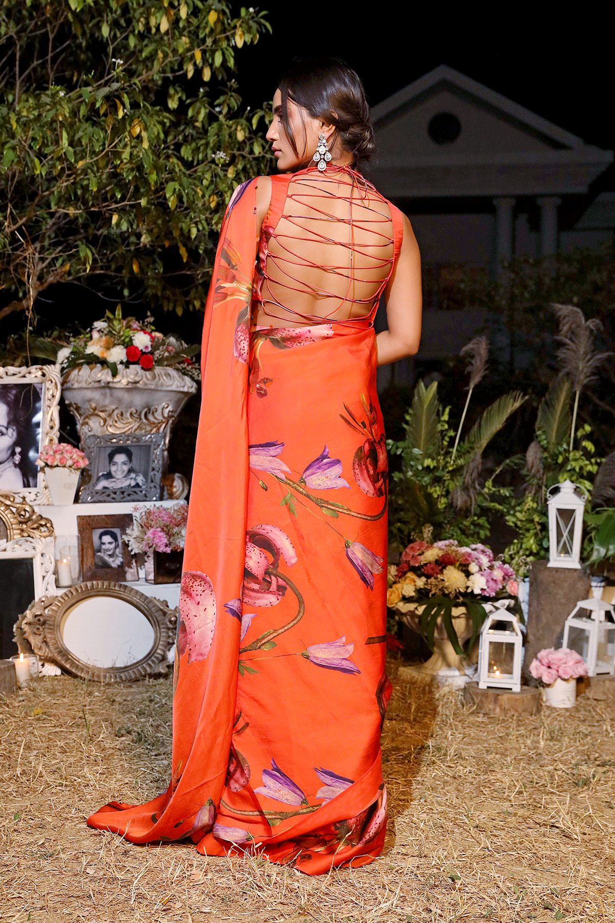 Orange Printed Saree Set