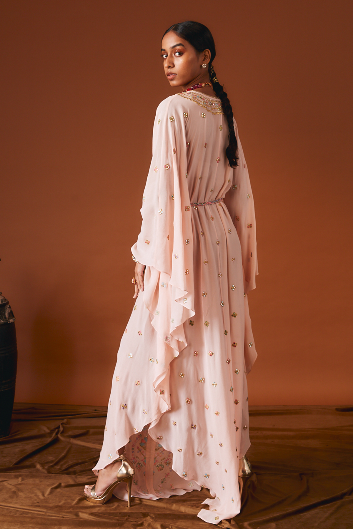 Peach Georgette Kaftan With Belt