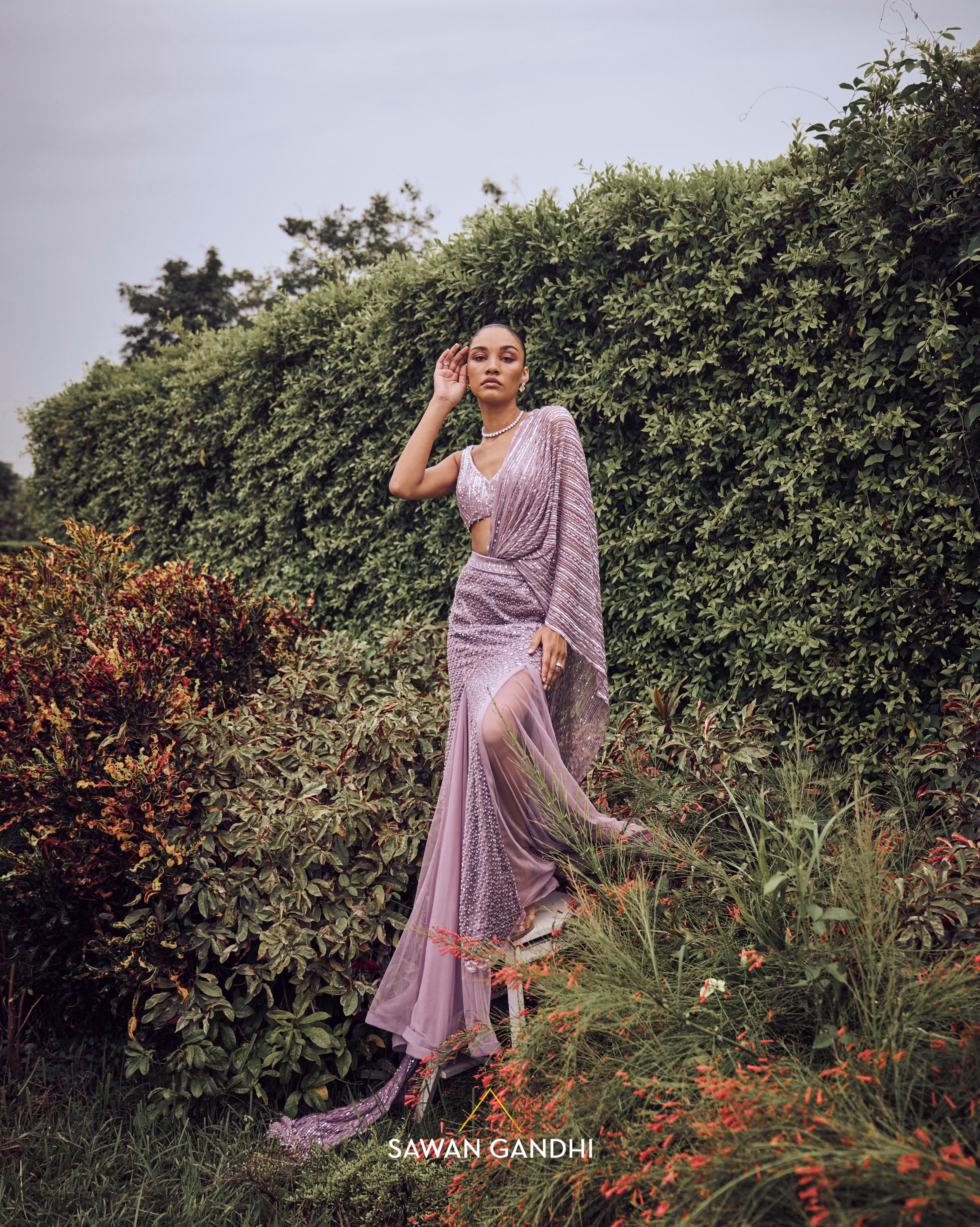 Lilac fishcut drape saree