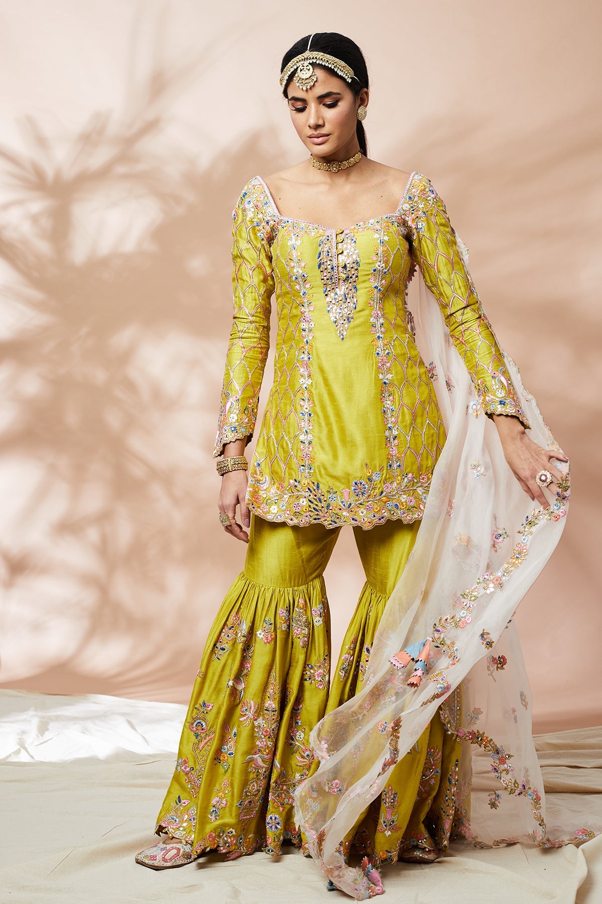 GREEN SILK GHARARA