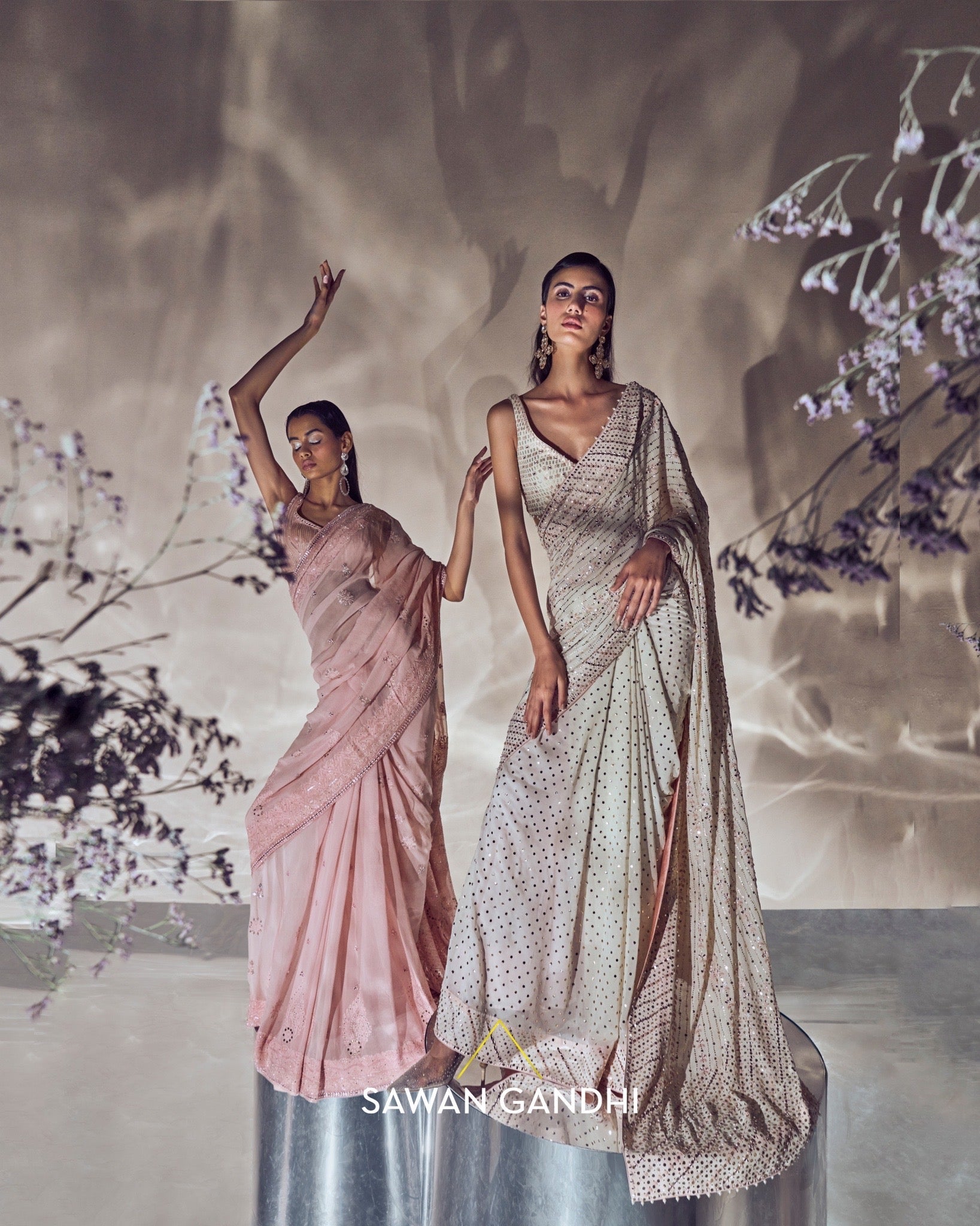 Peach ombre chikankari saree set