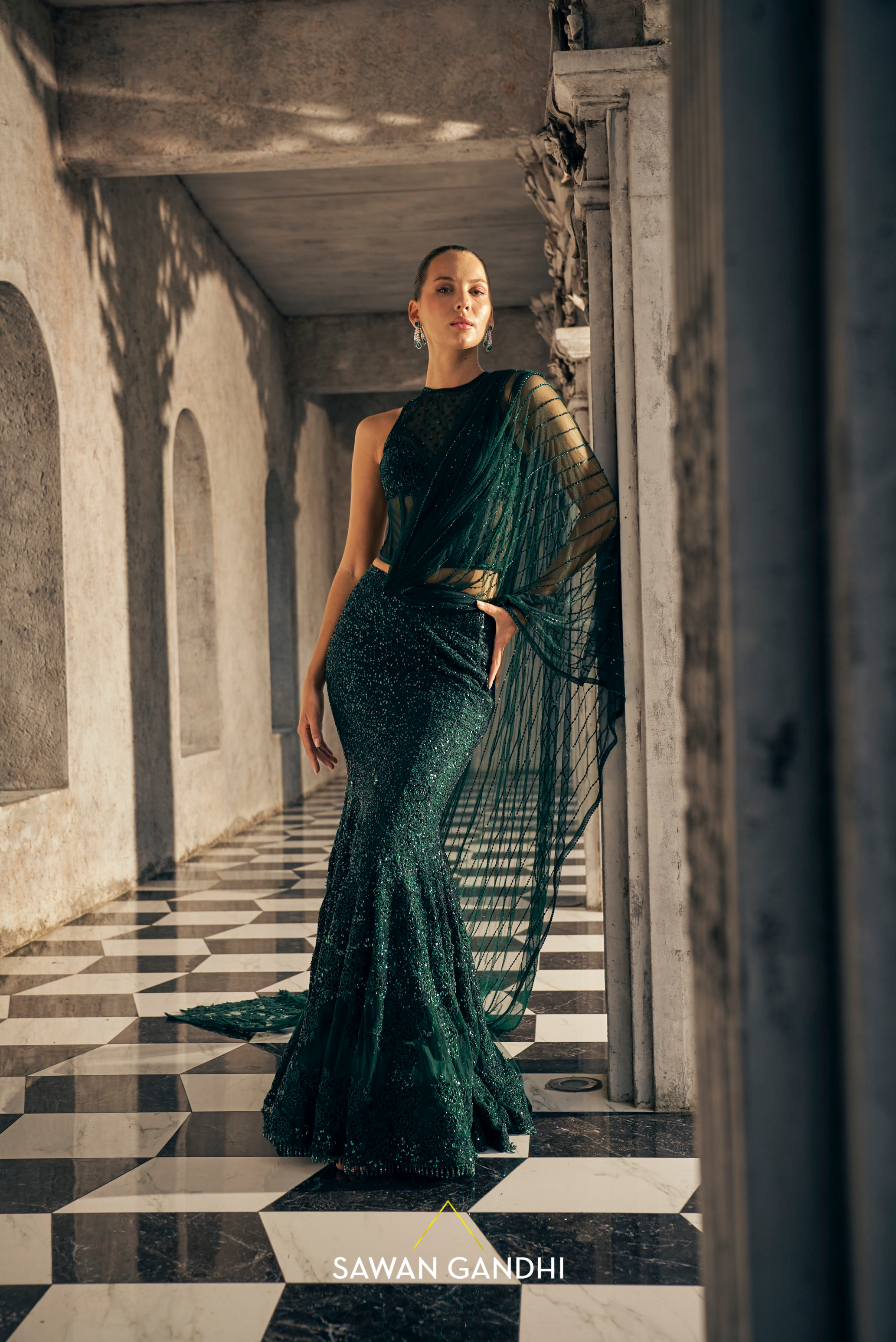 Bottle green fishcut drape saree