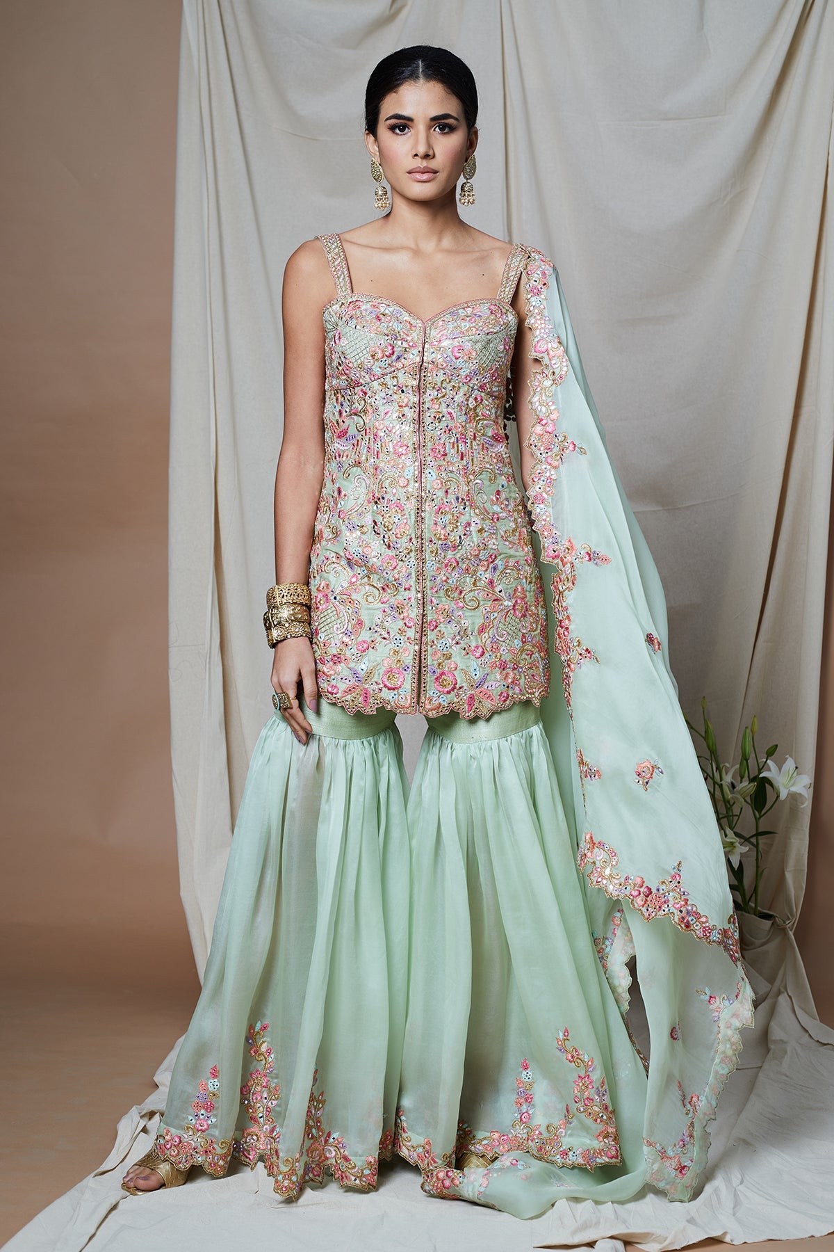 GREEN ORGANZA GHARARA