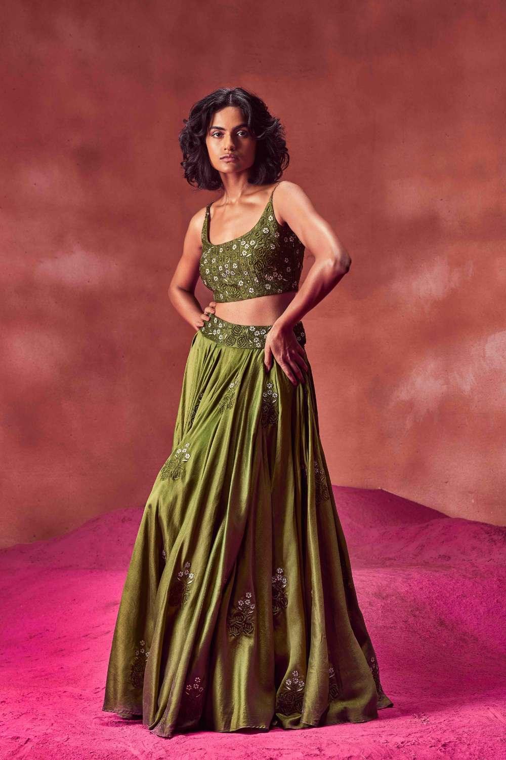 Olive Green Resham Work Lehenga Set