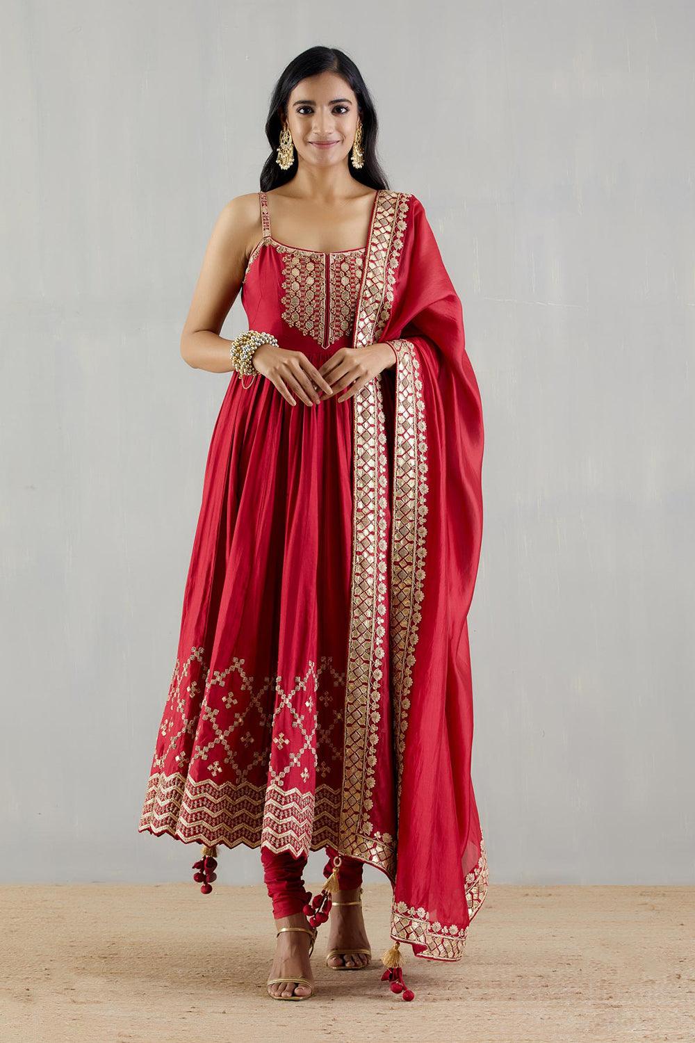 Red Strappy Heavy Anarkali With Organza Silk Dupatta