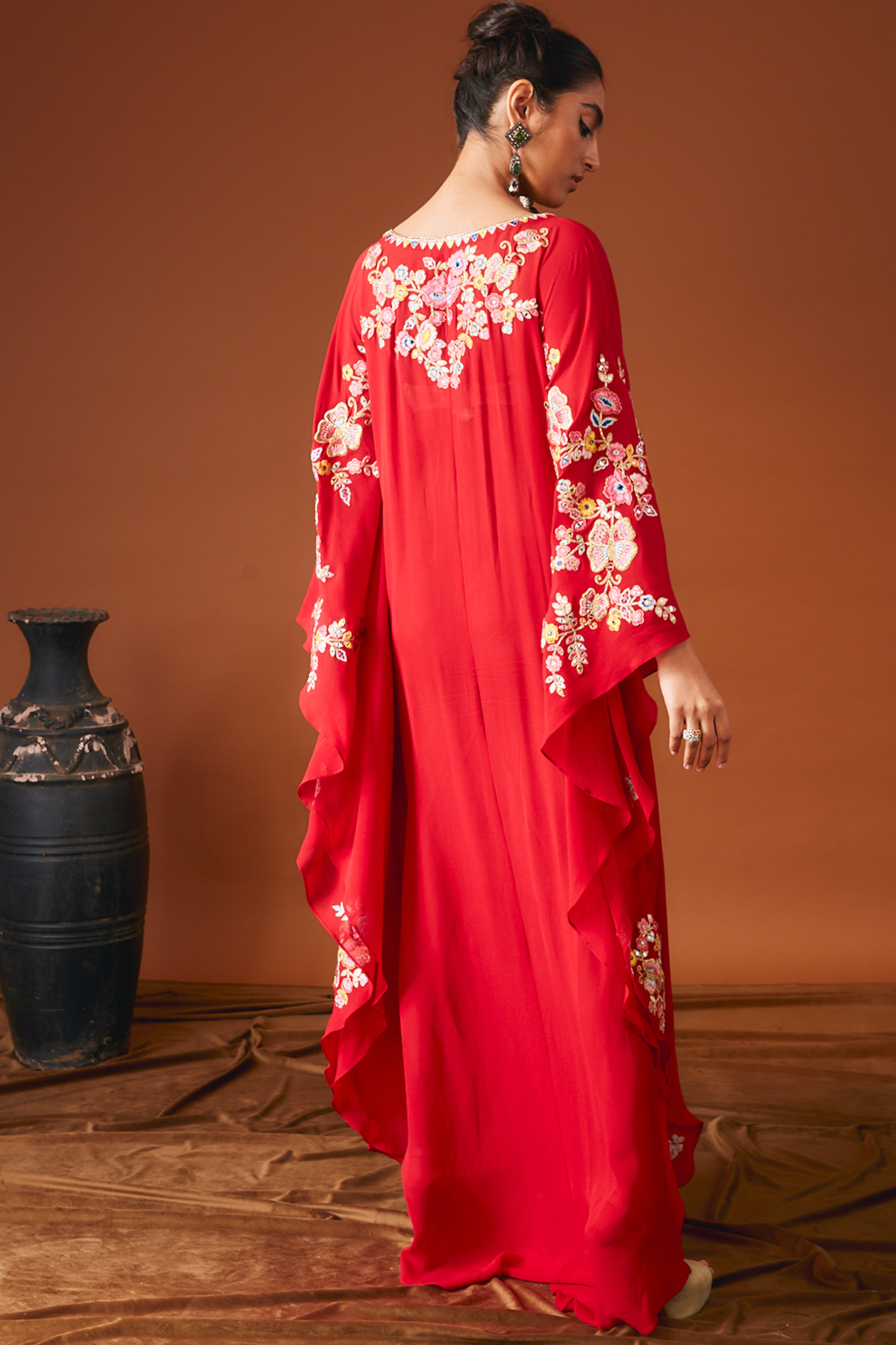 Red Georgette Floral Embroidered Kaftan