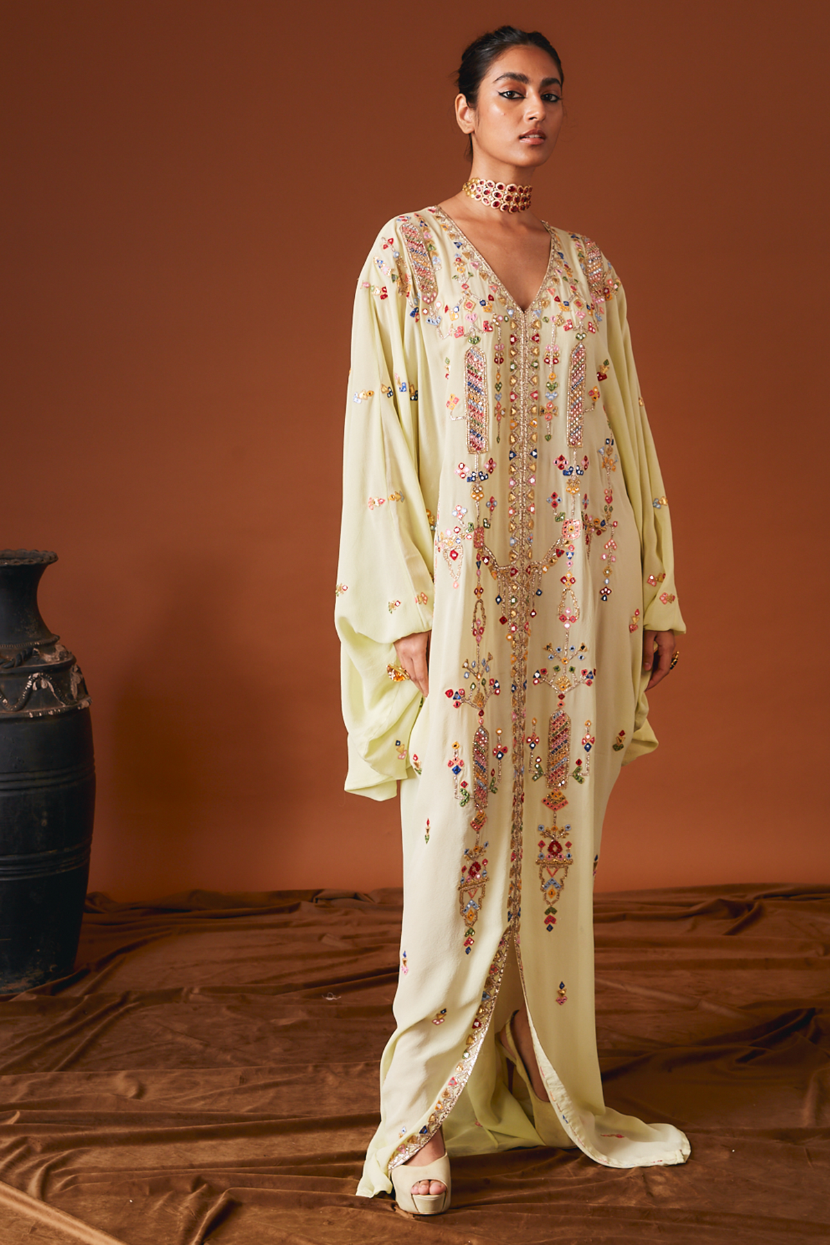 Green Georgette Cowl Kaftan With Multi Coloured Embroidery