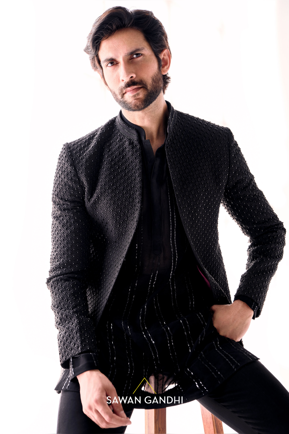 Black selfwork cutdana kurta