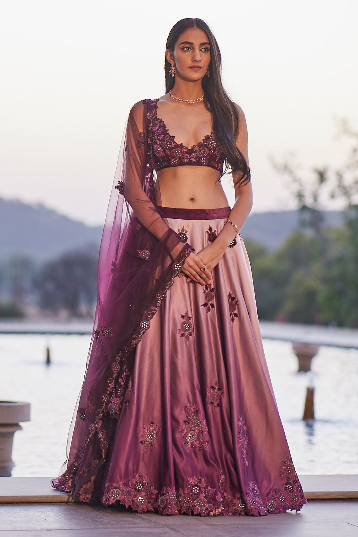 Ombre Applique Wine Lehanga