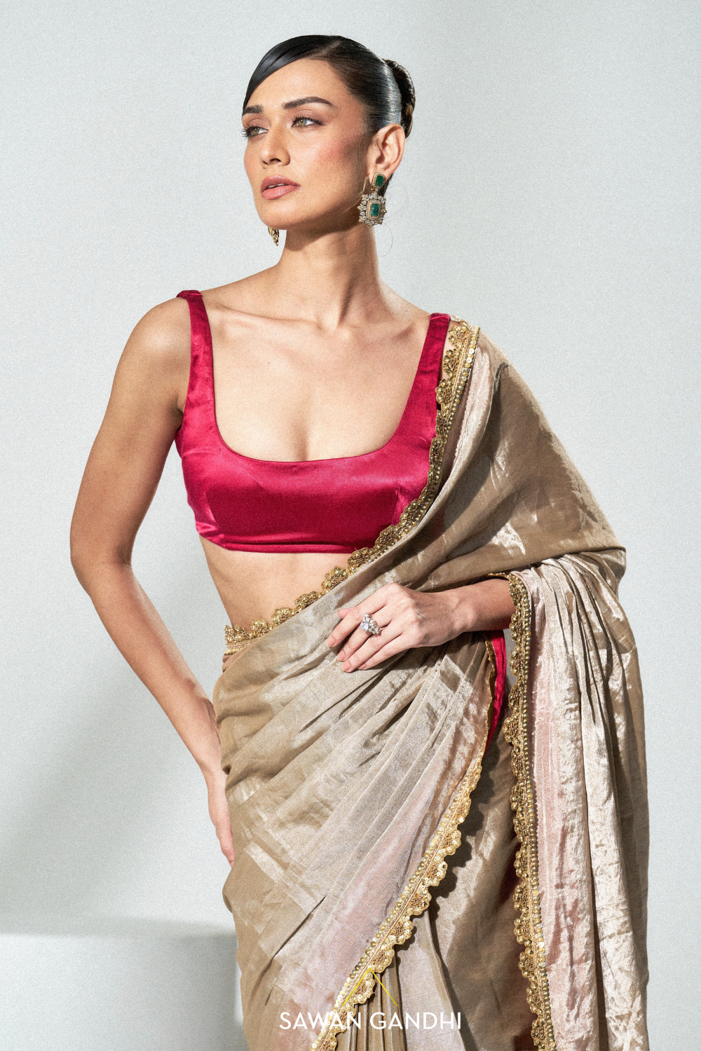 Champagne silver tissue saree