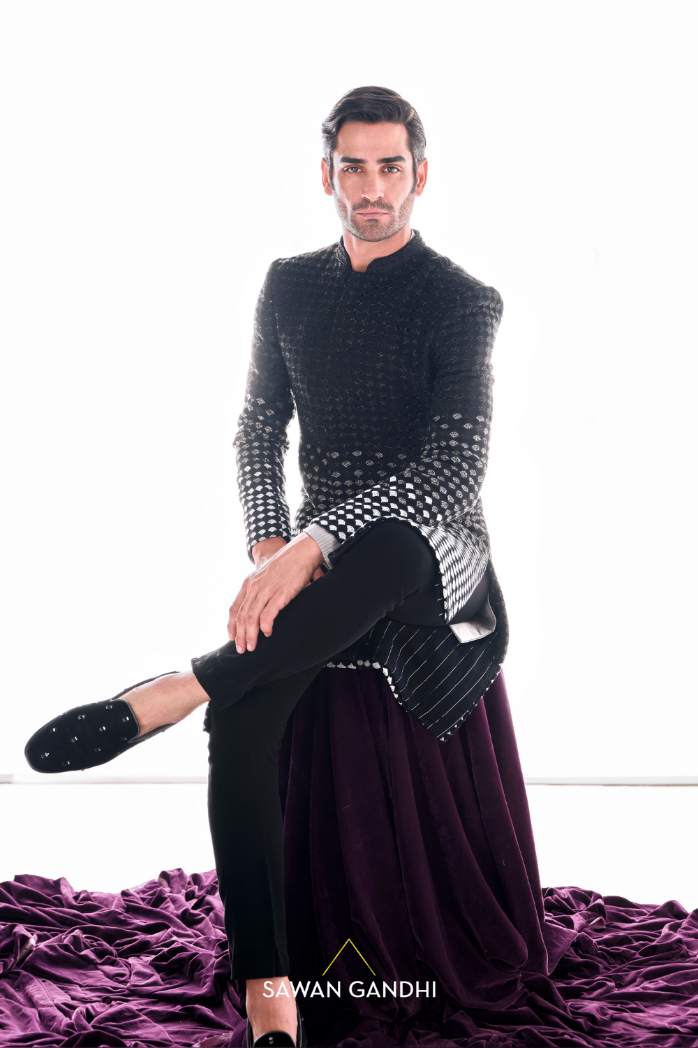 Black to silver ombre sherwani