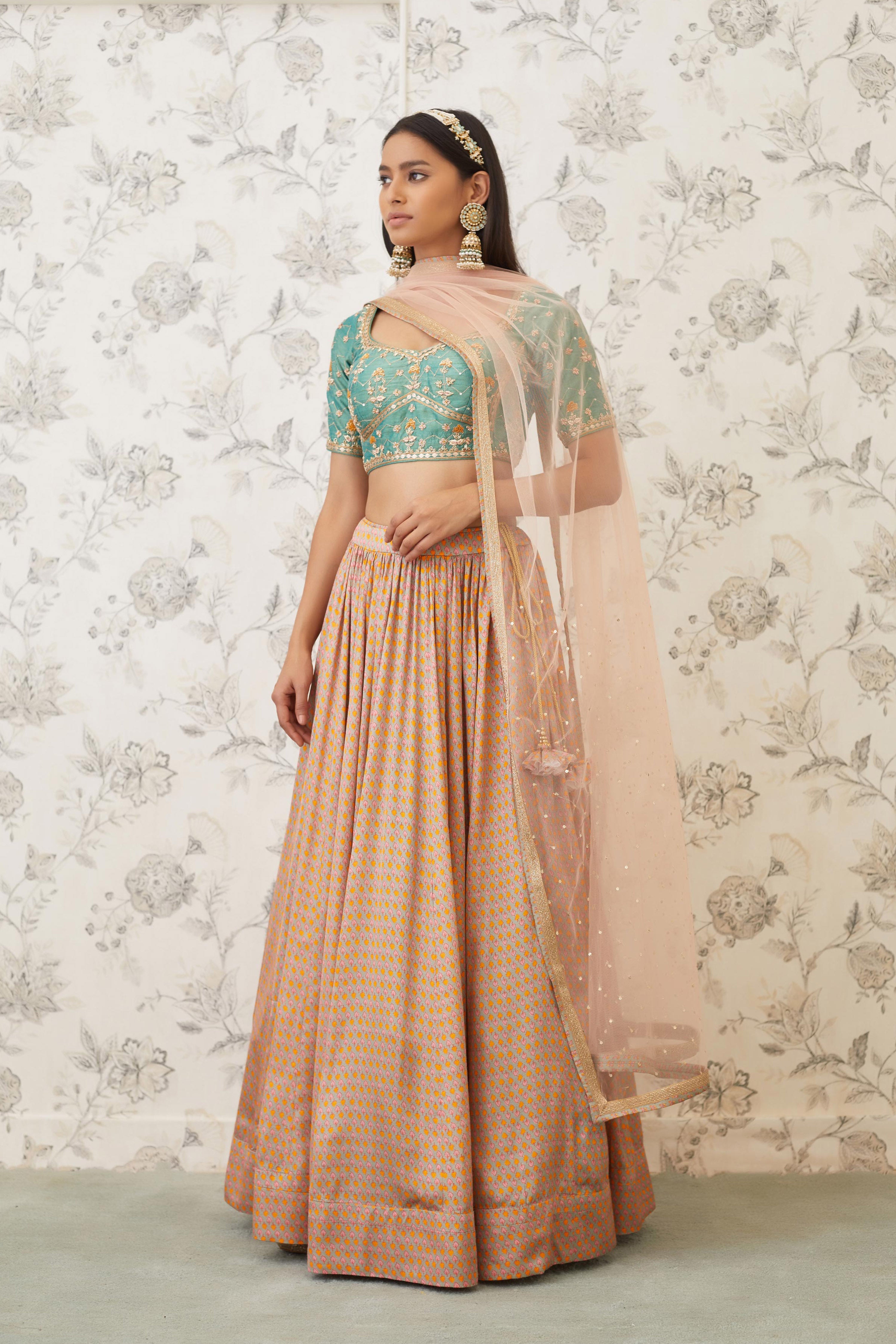 Green Beige Lehenga Set