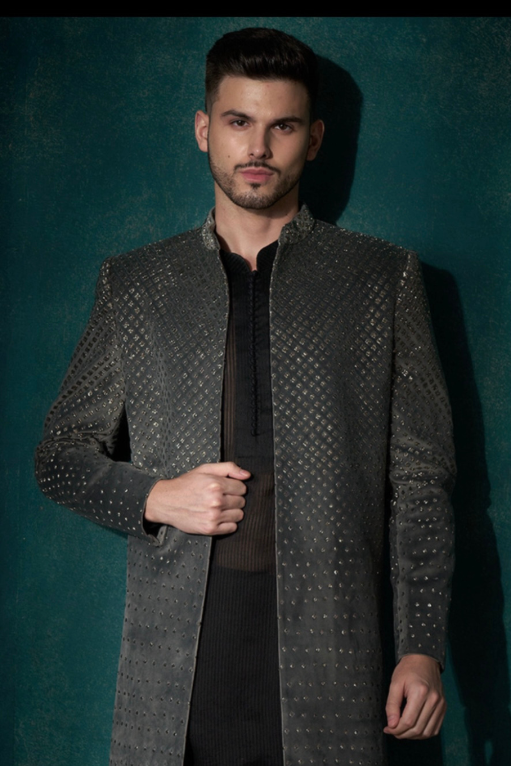 Grey velvet cutdana open style sherwani