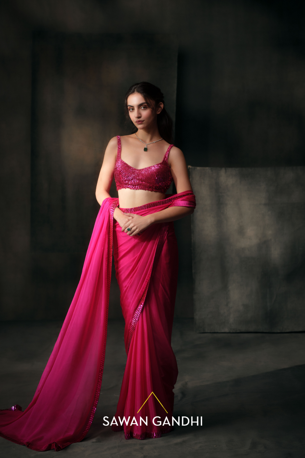 Hot pink Sequins border saree